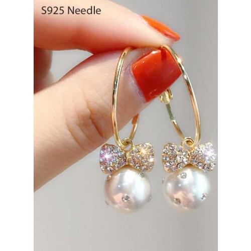 Real 925 Sterling Silver Needle Hoop Earrings for Women Jewelry Shining Butterflyknot Pearls Gold Lovely Female Earrings