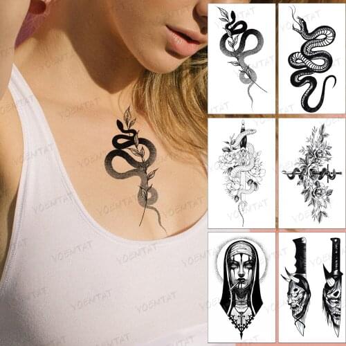 Waterproof Temporary Tattoo Sticker Snake Leaf Linear Black Tattoo Neck Arm Tatto Fake Tatoo Woman Man Child Flash Tattoos