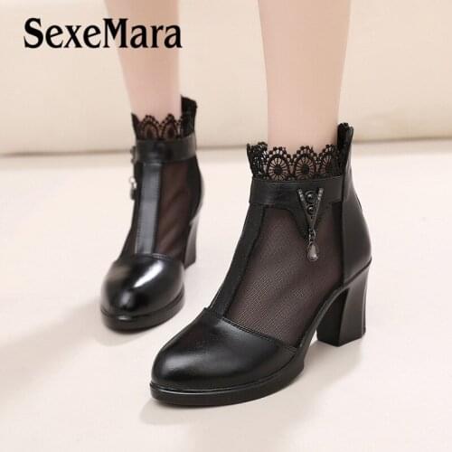 SexeMara Fashion Women Ankle Boots Hollow Lace Net yarn Genuine Leather Boots Square heel Womens Shoes Female Footwear