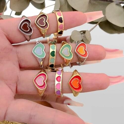 Y2K Vintage Double Layer Dripping Oil Enamel Color Contrast Heart Flowers Smiley Metal Rings For Women 2021 New Couple Jewelry