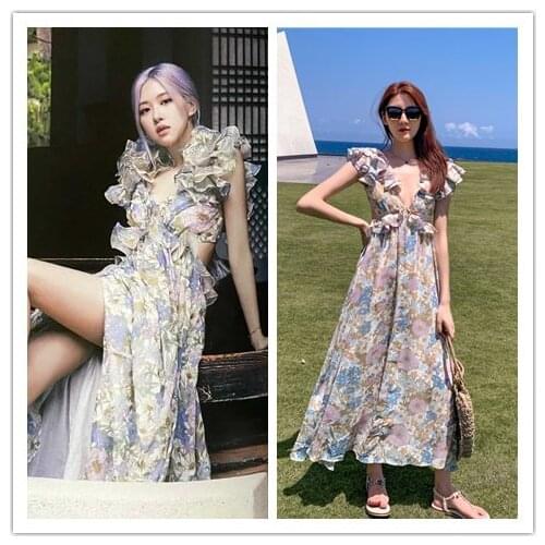 Kpop TWICE EXO Seo Yea Ji summer new temperament elegant Beach holiday dress women party fashion sexy deep V-neck long dresses