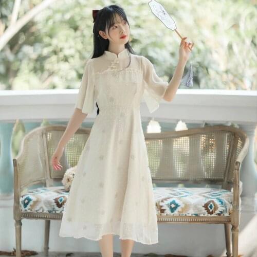 Women Gentle vintage Cheongsam Improved Dress Summer Modern Chic Girl Temperament Chiffon Ruffled Elegant Qipao