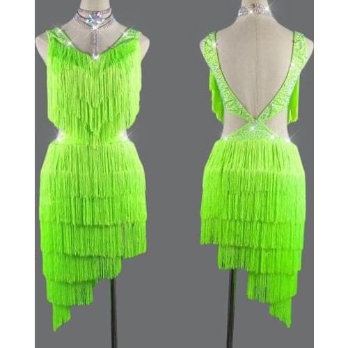 Neon Green Latin Dance Dress Women Competition Rumba Dress Fringe Dress Dance Wear Vestidos De Flecos Mujer Salsa Dress BL2174