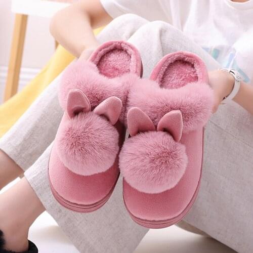 Winter Couple Home Slippers Plus Size Plush Warm Non Slip Slippers Cute rabbit ears Fur Slippers Female Male Flats Shoes Indoor