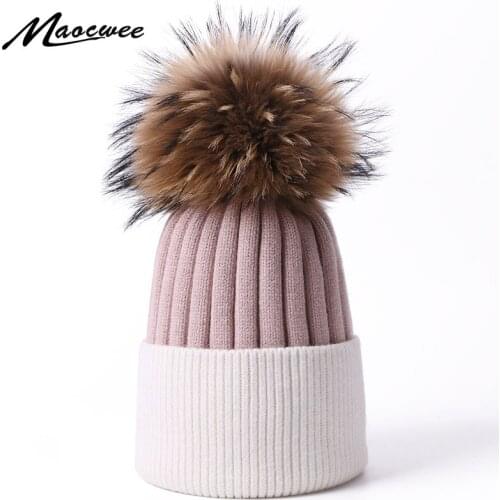 Winter Real Fur Pompon Hat For Children And Women Knitted Warm Beanie Kids Mommy Headwear Girls Hats Solid Color Patchwork Caps