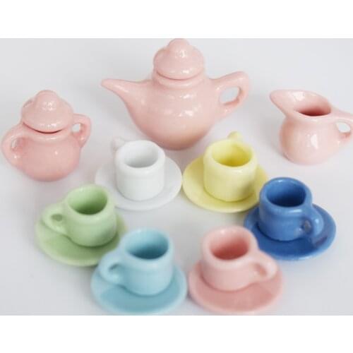 1:12 Doll House Tableware Porcelain Miniature Tea Sets Mini Teapot Coffee Plate Miniature Tea Cups Set China Dining Ware 15pcs