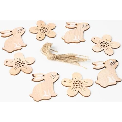 16 pcs Easter Wood Bunny Wooden Rabbit and Flowers Nordic Style Pendent Decoration for Home Decor Wood Small Pendant Diy Craft