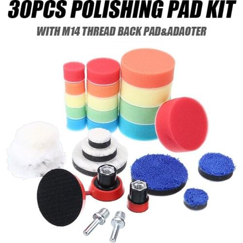 30pcs Polishing Sponge Pad Car Foam Drill Kit Buffing Pad for Polisher+Drill Adaptor M14 Power Tool Car Polisher