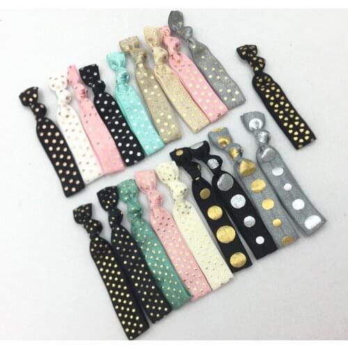 31 Colors 120pcs/Lot 5/8" Polka Dot Silver Rose Gold Foil Fold Over Elastic Hair Band FOE Ribbon Bracelet Ponytail Holder