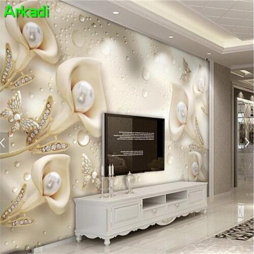 3D embossed flower jewelry pearl photo decorative painting living room sofa TV background wall modern minimalist wallpaper