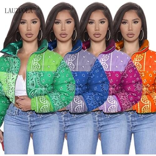 Bandana Puffer Coat Paisley Printed Bubble Crop Jacket Women 2021 Winter Clothes Warm Parkas Casual Zip-Up Ladies Outerwear