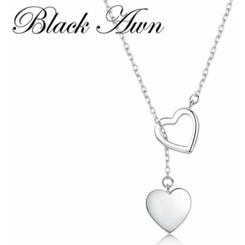 Black Awn 925 Sterling Silver Necklace Pendant For Women Double Heart High Quality Fine Silver 925 Jewelry