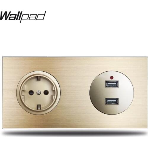 Wallpad L6 Gold EU Wall Socket Electric Power Outlet USB Charging Ports 2.4A Gold Brushed Aluminum Metal Panel, 172*86mm