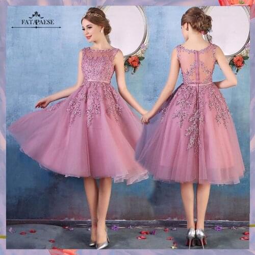 FATAPAESE Dust Pink Tea-Length Lace Applique Cocktail Dresses Short Prom Dress Party Dresses Sexy Sheer Back Robe De Cocktail