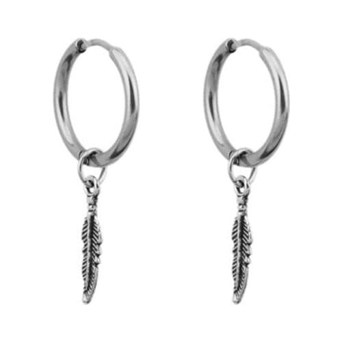 Hip Hop Kpop Boy Leaf Titanium Feather Pendant Hoop Drop Earrings Korean Jewelry