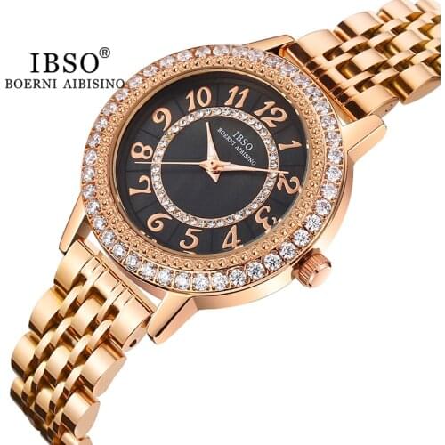 IBSO Luxury Zircon Women Wristwatches Stainless Steel Leather Strap Elegant Womens Birthday Gift Digit Clock Japanese Movement