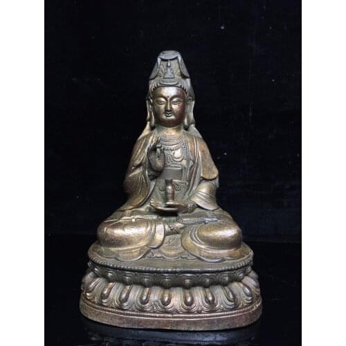 9"Chinese temple collection Old Bronze Cinnabar Lacquer Clean bottle Guanyin Bodhisattva Sitting Buddha Ornaments Town House