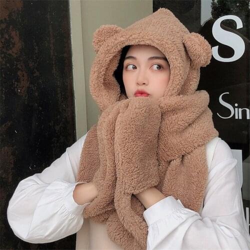 2020 Winter Warm Fleece Plush Hat Scarf Gloves Set Women Cute Bear Ear Hat Women Novelty Caps Dropshipping