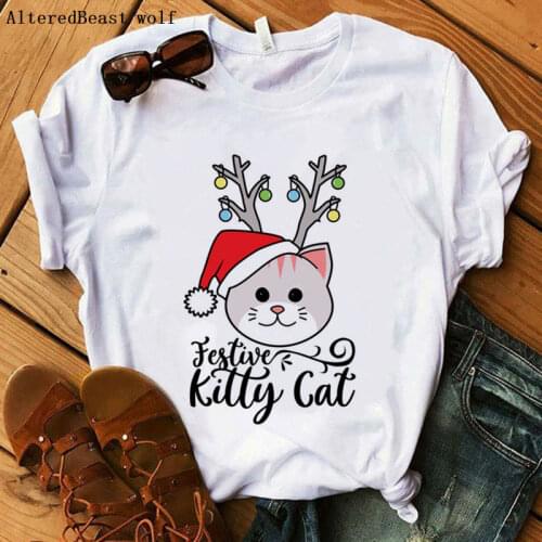 Cute festive Christmas Kitty Cat Shirt print T-Shirt 2019 cat tshirt Women casual short sleeve Christmas Cat Tops white clothes
