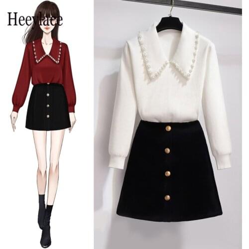 Fashion Autumn Winter skirts 2 pieces Sets Korean Pearls Peter Pan Collar Knitted Sweater And High Waist A-line Skirts Suits