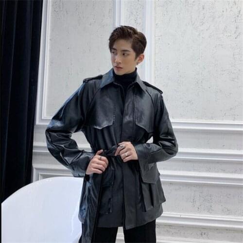 Retro style long belted PU leather jacket mens motorcycle coats German military uniform jaquetas epaulette casaco masculino