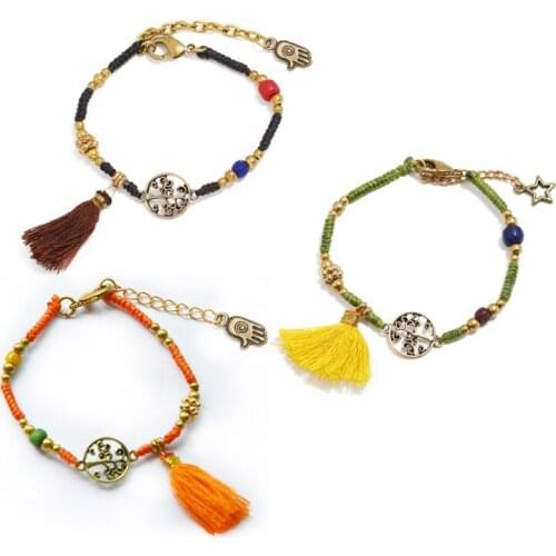 2021 New Ladies Hand-woven Charm Womens Bracelet Small Tassel Tree of Life Fashion Wax Rope Bracelet Female Jewelry