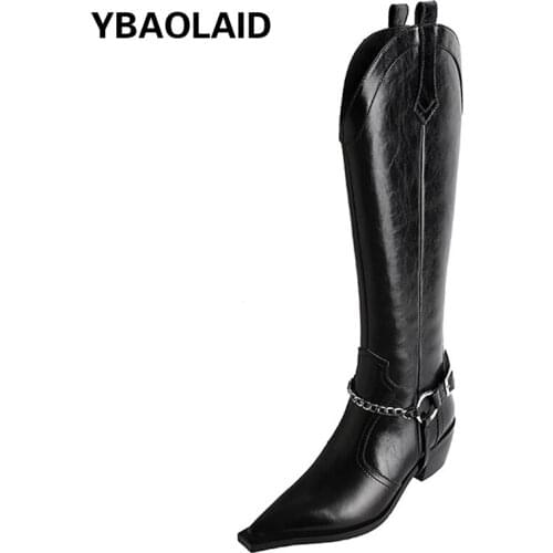 New Autumn and Winter New Pointed Chain Belt Buckle Thick Heel Western Cowboy Boots Solid Color V-mouth Side Zipper High Boots