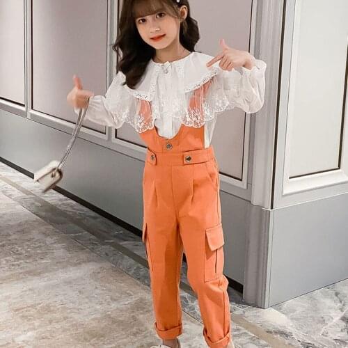 New 2021 Spring Two Colors Girls Shirt+Bib Pants 2Pieces Set Girl Clothes Set Autumn Sport Casual Tracksuit Teens Girl Outfits