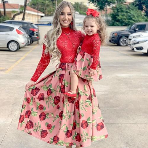 Mother And Daughter Wedding Dress Family Look New Year Matching Clothes Outfits Long Sleeve Red Lace Christmas Party Dress Girls