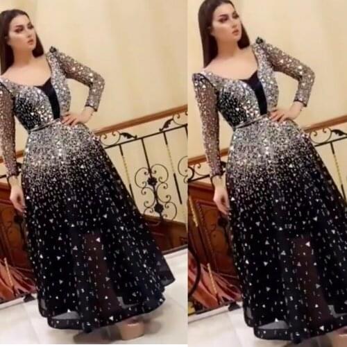 Beaded prom dresses 2019 v neck long sleeve beading sequins crystal long sleeve floor length evening dresses crystal