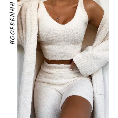 BOOFEENAA Casual Fleece Knitted Sweater Two Piece Lounge Set Cozy Sexy V Neck Crop Top Shorts Fall Winter Clothes Women C97-EZ28