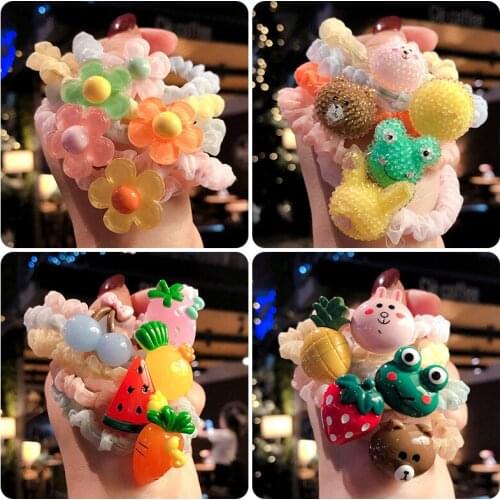 5 Pcs/Set Children Cute Colorsful Cartoon Fruit Flower Elastic Hair Bands Girls Lovely Acrylic Rubber Bands Kid Hair Accessories