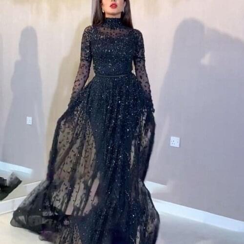 Luxury Black High Neck Arabic Dubai Formal Evening Dresses 2021 Long Sleeve Beaded Sequin Modest Prom Gowns Vestido De Longo