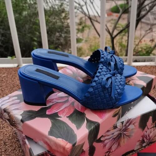 High Quality Genuine Leather Braided High Heel Sandals Slippers Cross Wove Folds Mules Shoes Party Shoes Fashion Flip Flops