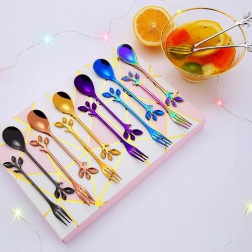 Leaf Branch Coffee stir Spoons Colorful Stainless steel Fruit fork Moon cake forks Exquisite Gift cutlery LX8090