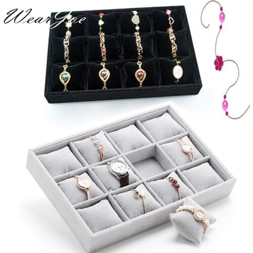 High Quality Soft Velvet Watch Jewelry Display Storage Tray 12 Slot With Pillow Holder Bracelet Bangle Chain Carrying Organizer