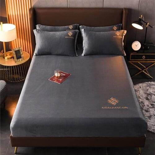 WOSTAR Winter warm solid crystal velvet elastic band fitted sheet mattress cover family soft cozy double bed king size bed sheet