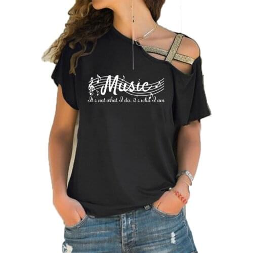 Women T-shirt Loose Slash Neck T Shirt Ladies MUSIC IS NOT Musical Notes T-shirt Summer Casual Irregular Skew Cross Bandage Tops