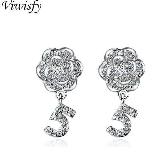 Viwisfy Real 925 Sterling Silver Earring Jewelry Wedding Crystal Charming Number 5 Rose Flower Stud Earrings For Women VW21093