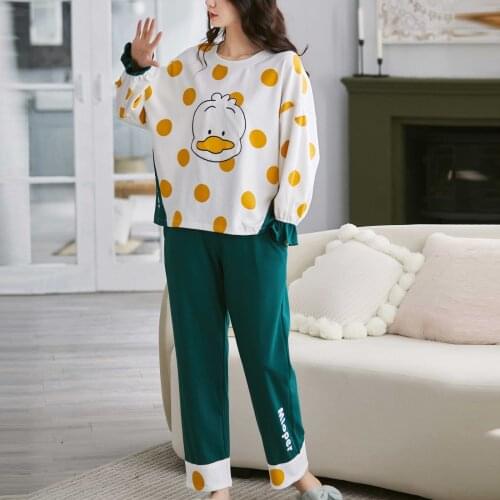 Women Cartoon Pattern Casual Home Pajamas Set Long Sleeve Round Neck Pullover Tops+Pocket Stretch Pants Split Sleepwear Suit