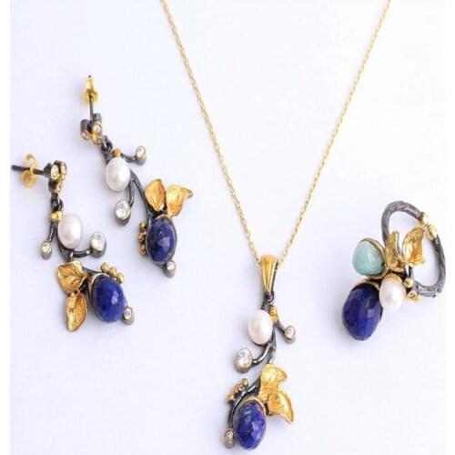 Woman Handmade Oval Blue Lapis Lazuli Pearl 925 Silver Jewelry Set, Lapis Lazuli ring,Lapis Lazuli Necklace, Lapis Lazuli