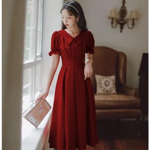 Summer Dress Women French Retro Red Lapel Dresses Korean Casual Temperament Party Dress Female Vestido de mujer