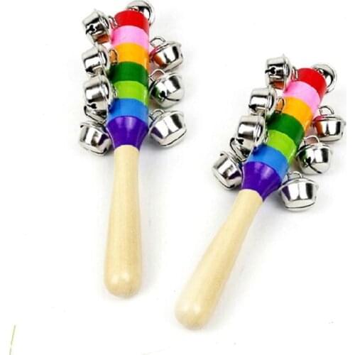 1Pcs Wooden Colorful Rainbow Handle Jingle Bell Rattle Toys For Kids Baby Infant Intellegence Development