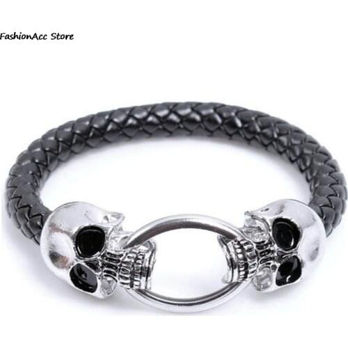 1Pc Fashion Jewelry Punk Skull Head Bracelet Braided Leather Bracelets Men Cool Bangle Wristband Gift