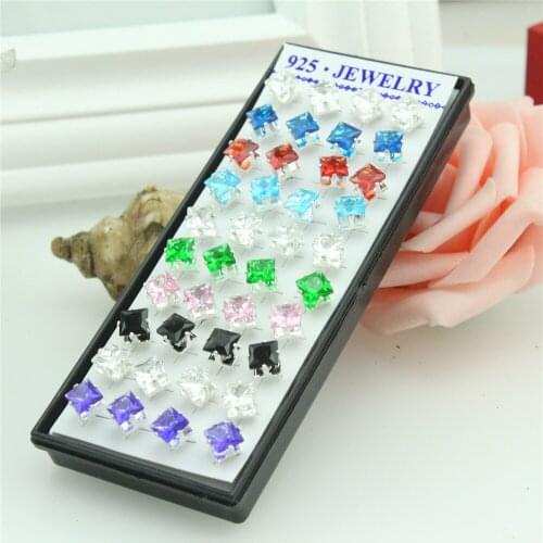 40pcs 925 sterling silver earrings Color crystal square female silver earrings Simple retro women stud earrings To give a gift