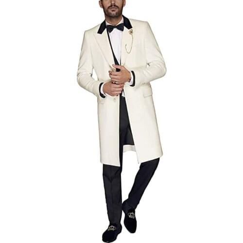 White Long Coat With Black Pant Mans Suits For Wedding Groom Wear Best Man Dinner Suits Prom Dress Peaky Binders(Jacket+Pants)