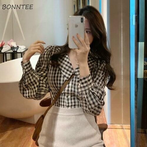 Blouses Women Plaid Spring All-match Peter Pan Collar Korean Style Clothes Retro Daily Charm Lady College Vintage Design Cropped