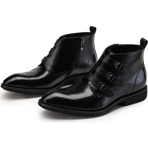 Fashion Black Three Buckles Ankle Boots Mens Casual Shoes Genuine Leather Motorcycle Boots Male Outdoor Shoes