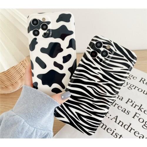 Glossy Milk Cow Zebra Pattern White Phone Case for iPhone 11 12 Pro XS Max X XR 7 8 Plus SE 2020 Soft Silicon Cover Coques Women