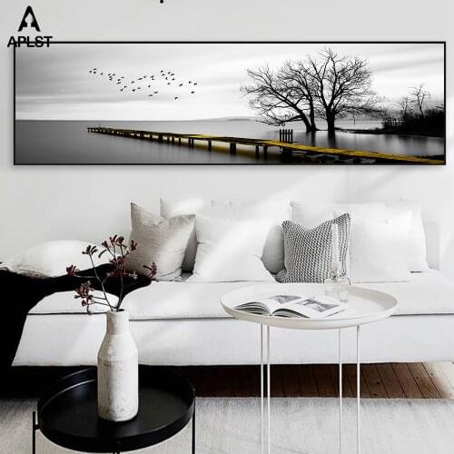 Black and White Landscape Prints Canvas Painting Lake Bridge Posters Wall Art Birds Pictures for Living Room Bedroom Unframed
